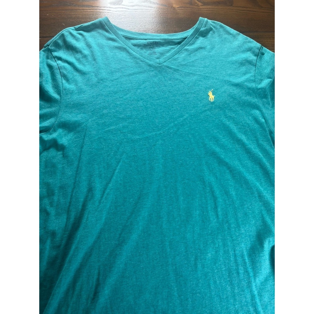 Polo Ralph Lauren Men's L V- Neck T Shirt Teal Blue Cotton Logo Yellow Pony EUC